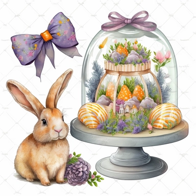 a realistic cute bunny eating a carrot in a glass dome,ribbons, patterned Easter eggs on a stand, candles and easter muffins, watercolor effect, realistic figures , kids story style, soft colored view , fantastic scene, small colored flowers and lavender , white background , suitable for digital clipart