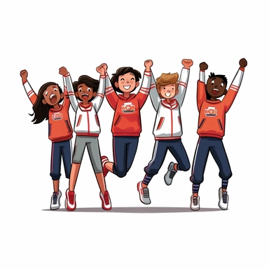 Clipart group of students doing jumping jacks together in their PE uniforms, white background.