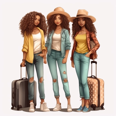 full body clip art+3 friend black Nubian woman+ long wavy hair+ kawaii+ standing next to suit case+ multiple traveling bags+ legs crossed at ankles+ high heels+skinny jeans and nice shirt+big hat+vacation vibes+detailed+ niji 5+ uhd+ png clipart+ airport