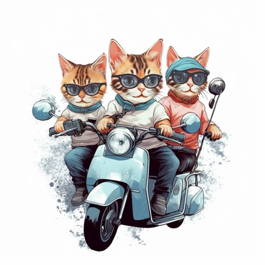 Create a clipart of a group of cute cats riding motorcycles together, perhaps forming a motorcycle gang. Low detail. White background, soft lighting. In the style of Bob Ross