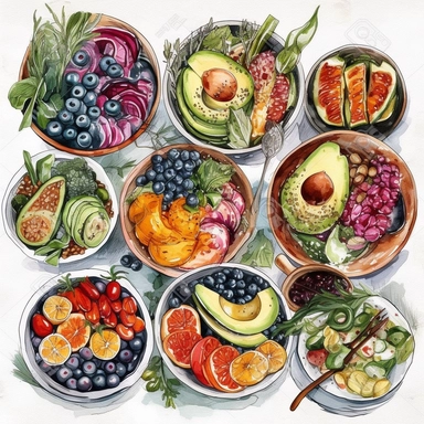 watercolor clipart of a collection of various nutritious healthy bowls, presented in a flatlay style with a top-side view on a clean white background. Each bowl should be filled with a visually appealing arrangement of nutritious ingredients, showcasing their vibrant colors and textures. Ensure that the bowls are not overlapping or interacting with each other, maintaining a clear separation between them. Capture the details of each ingredient with delicate watercolor strokes, emphasizing their f