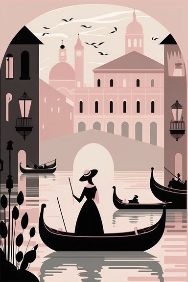 <https://s.mj.run/MY6OlCvQScU> Mary Blair style, minimalistic nordic style single clipart, single black Venice gondola, minimalistic pastel pink color palette,