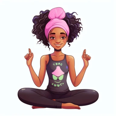 cute black chibi mommy and daughter doing yoga, smiling and wiearing a pink cap, clipart, childrens book charachter, must have correct number of fingers and toes