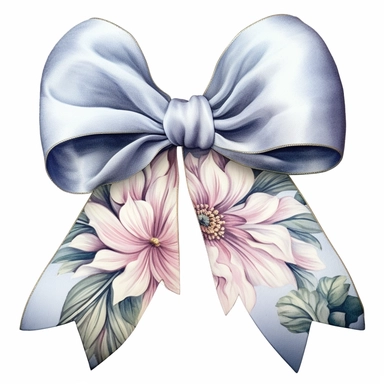 watercolor ultra realistic and hyper detailed illustration of a beautiful vintage satin bow with flower accents, clipart, white background