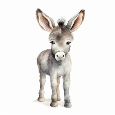 an adorable baby donkey with kind eyes clipart with watercolor illustration,full body shot,8k,etsy style, white background