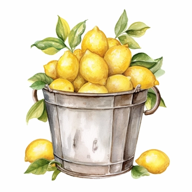 watercolor lemons in a metal bucket clipart, hd, on white background, spaced out –ar3:2 –s 1000