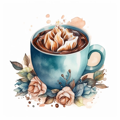 Create a high resolution version of (hot chocolate watercolor) 2D concept simplified illustration on white background. clipart, highly detailed, vibrant, ultra high quality, 2D vector, best quality. incredible. Flower and love. Color: warm. Illustration style. (full body), in the style of light azure and dark amber