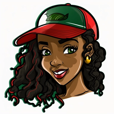 clipart, high-resolution, cartoon black girl, joyful, gorgeous, long wavy hair, wearing 3 panel baseball cap, red panel, green panel, gold panel, transparent background