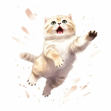 hand painted watercolor clipart, cream white stipped scottish fold kitten jumping in the air and leaping forward wants to grab something, profile view, excited expression on face, childlike innocence and excitement, full body visible, hairs are visible, visible tail, I can't believe how cute, professional watercolor drawing, watercolor paper texture on drawing, isolated on white background