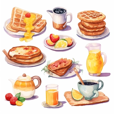 Hyper realistic, watercolor style breakfast clipart variations, toast, egg, sausage, waffles, mushrooms, coffee, orange juice, pancakes and fruit on a white background