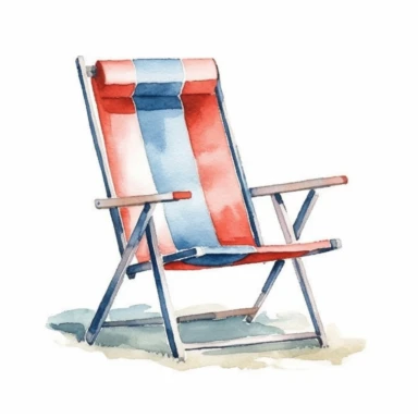red and blue lawn chair watercolor clipart, white background, neutral muted colors, high quality, hyperrealistic, detailed, vintage, picnic