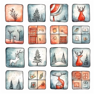 Watercolor line art, little squares filled with doodly patterns of santa sleigh, illustrations clipart set, simple, christmas colors , cartoon elements, different variants , modern art, separate elements with a margin