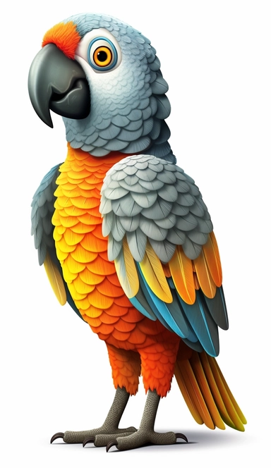A parrot bird, Cute Beautiful 3d, Is Standing Full body Vector Sublimation Clipart, Cartoon, dominant white, grey, orange, hyper realistic, intricate detail, illustration style, high solution, on the white background
