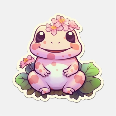 kawaii frog, happy, sticker, bold line, clipart, white background, many details, kawaii, goll, flowers, pink, white background, 8k detail