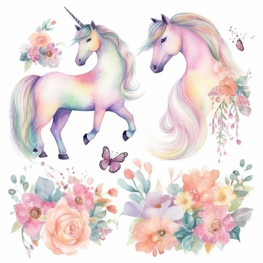 Create an enchanting set of watercolor clipart elements featuring fairytale ponies in a whimsical style. Paint each pony individually, incorporating magical elements such as flowing manes adorned with flowers, shimmering wings, and sparkling tiaras. Embrace the soft and dreamy nature of watercolors, using pastel colors and delicate brushstrokes to bring these mystical creatures to life. Add touches of iridescent paints or shimmering gold accents to create an ethereal and otherworldly effect. Eac