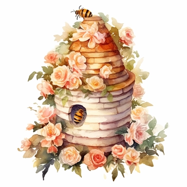 watercolor beauty round beehive in a garden with roses clipart on white background