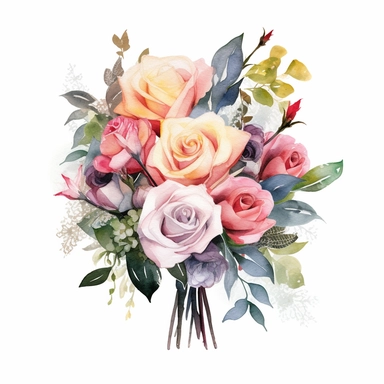 watercolor painted bouquet of mixed colored roses clipart, Flower Border clipart, Minimalist Flower Bouquet clipart, mixed colored roses Clipart roses painting formal glamour elegant style wedding floral bouquet, wedding clipart include babys breath flowers in the bouquet 4