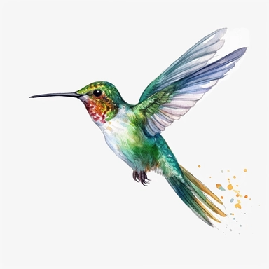 A mesmerizing watercolor clipart illustration of a Hummingbird, delicately portrayed against a pristine white background. The artwork captures the bird's enchanting beauty and grace, with its tiny size, vibrant colors, and rapidly beating wings. The watercolor technique adds a soft and ethereal touch to the illustration, with delicate brushstrokes that convey the Hummingbird's swift movements. The bird is depicted in mid-flight, suspended in the air as it hovers near a delicate flower. The white