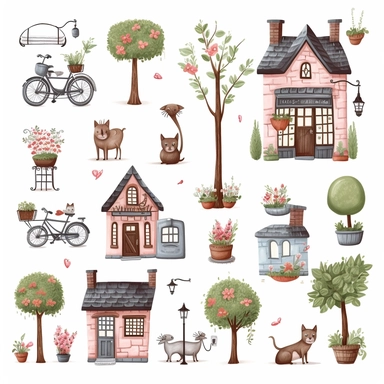 cute small houses, garden flowers and trees,cat, dog,bench, flower pots, fench,bycycle, house keys,postbox,birds,cute bettle car,outdoor lamps cliparts in hand drawn vector illustration on white background.
