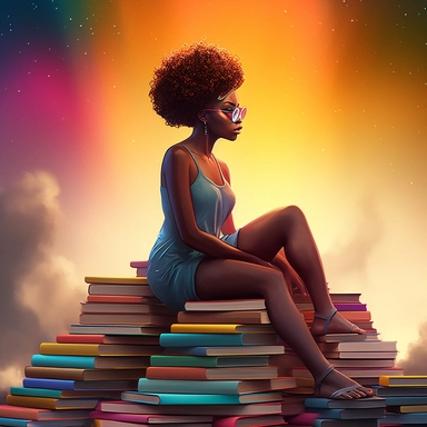imagination, Clipart illustration of afro cosmepolitian woman sitting on top of books, realistic in the style of nene thomas, 100k background, Abstract, Colorful, beautifully color - coded, beautifully color graded, Unreal Engine, Cinematic, Color Grading, Editorial Photography, Photography, Photoshoot, Shot on 70mm lense, Depth of Field, DOF, Tilt Blur, Shutter Speed 1/ 1000, F/ 22, White Balance, 32k, Super - Resolution, Megapixel, ProPhoto RGB, VR, Lonely, Good, Massive, Halfrear Lighting, Ba