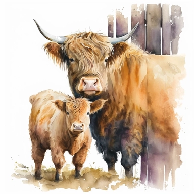 Highland Cow mother and calf old farm gate, Watercolor, Clipart, Farm Animal, clipart, white background -