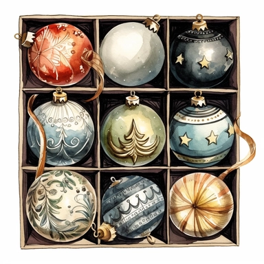 Ella bailey watercolour illustration with black gel pen outline style box of vintage christmas ornaments, high definition, 8k, insanely detailed, fine detail, sharp focus, illustration, white background, isolated clipart vector