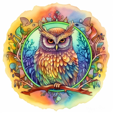 holographic owl surrounded by a nature border, inspired by the beauty of the natural world. watercolor. clipart. The lighting should be natural, and the color scheme should be aesthetic and wonderful, using a variety of colors found in nature, such as greens, blues, and browns, with pops of brighter colors. The owl should be painted in a way that is both realistic and whimsical, with a mesmerizing holographic effect. The composition should focus on the best view of the owl, which can be perched 