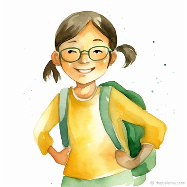 watercolor clipart of a happy Asian-American girl student wearing yellow and green