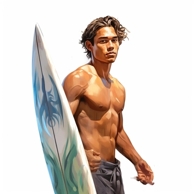 beautiful stunning hawaiian surfer young man , paint art style, clipart, white background, superrealistic, one of a kind