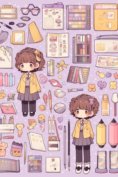 Stickers, Clipart, Full body display, Knolling layout of cute Teacher themed, accessories neatly placed in equal proportion, Super Giant Pitch, larger spacing, pocket sticker, stationery set, vector stickers, high detail, charater sheet, Planner Stickers, Bright Colors, Hand Drawn Artwork, anime style, single design, 8k, white background, appropriate blank