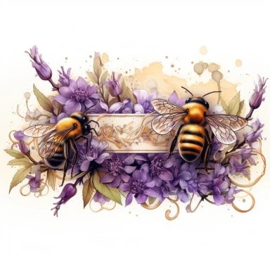 no background, clipart of a ticket with bees and lavender, vintage style , watercolour
