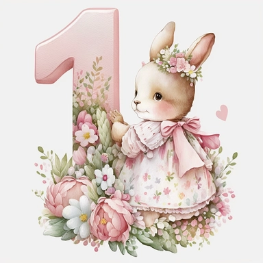 a beautiful watercolour 3d pink number 1 draped in beautiful flowers, a classic cute Beatrix potter pink rabbit, birthday party, holding pretty pink balloons, birthday cake, birthday themed, transparent background, Clipart style, solid white background, png style