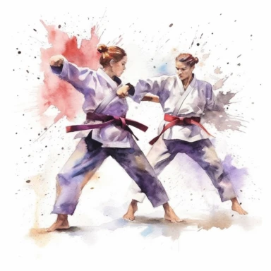 Karate fight, highly detailed, watercolor, clipart, illustration, white background, digital painting, paper crafting, no signature, no text