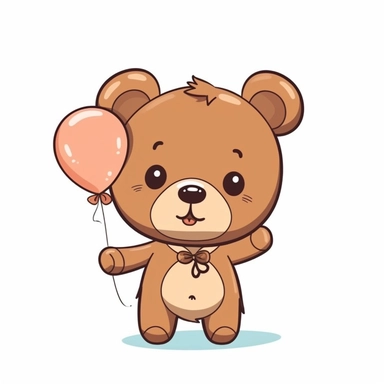 kawaii cute baby [bear] minimal cartoon drawing holding a balloon clipart, for nursery room, cute, friendly, simple, on white background