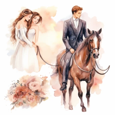 Very cute wedding illustrations clipart set, newlyweds riding a horse, on a white background separate elements with a margin, watercolors, husband and wife on their wedding day riding a horse together, love