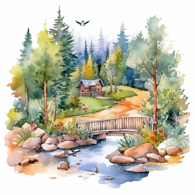 watercolor clipart painting of a Colorado mountain landscape, with evergreen pine trees, pinecones and sage green trees, with some yellow aspen trees and white birch trees, log cabin in the wood with smoke coming out of the chimney. there is a little bridge over the blue and green stream with rocks and lily pads in the babbling brook, a red cardinal and some hummingbirds, butterfly and dragonfly, a dusk sky with a moon and a few stars, hd, magical and whimsical illustration with a little gold gl