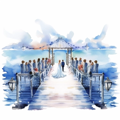 watercolour wedding ceremony on the water, clipart on white background, highly detailed, professional color gradation, clean sharpness
