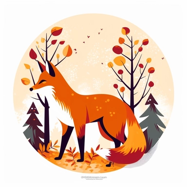 cute vivid color clip art of a fox in the woods, bold color with a border on a white background