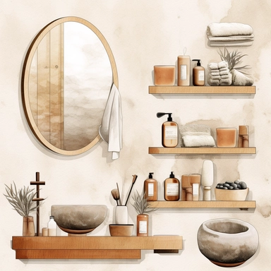 watercolor clip art style japandi bathroom furniture objects, beige, brown and white, white concrete background