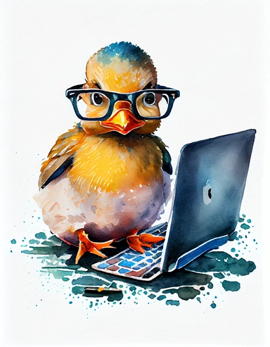 detailed watercolor kawaii duck with eyeglasses using the computer, facing front, isolated on a white background, clipart