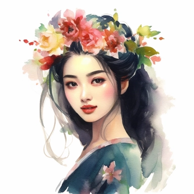 watercolor style, asian-origin girl with flowers on her head clipart, isolated on white background, hd ar 32:40