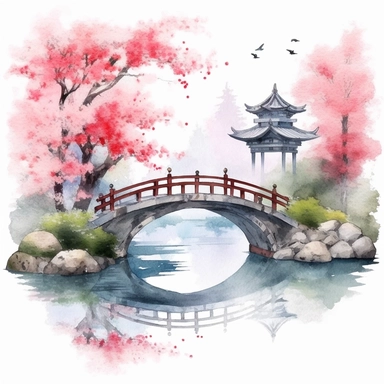 A tranquil watercolor clip art scene portraying a serene Chinese garden with a stone bridge, koi fish, and blooming cherry blossoms. - watercolor clip art, white background