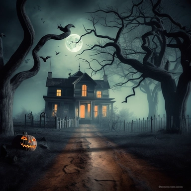 A spooky Halloween night with a haunted house in the background, a full moon casting an eerie glow, gnarled trees with twisted branches, and jack-o'-lanterns lining the path leading to the house. The environment is enveloped in a dense fog that adds to the mystery and suspense. The scene's mood is chilling, evoking a sense of anticipation and the unknown. Photography, using a wide-angle lens (24mm) to capture the vastness of the scene, with long exposure settings to create a haunting effect, hal