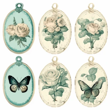 vintage labels with ivory roses and butterfly light aqua clipart with white background