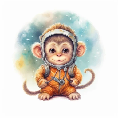 A drawn cute fairy tale space monkey clipart on white background - This larger, fluffy space monkey has a specially designed suit to accommodate its body. Its deep-set eyes convey a wisdom and understanding of the universe beyond its years.