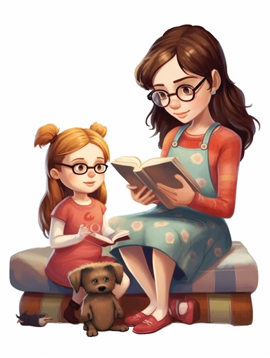 girl, 8 years old, reading a book, and woman, 30 years old sewing a stuffed animal, clipart style