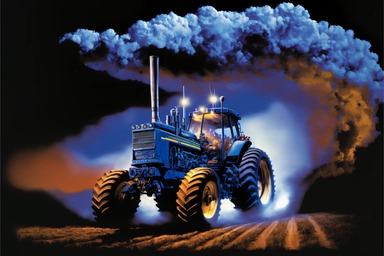 High-Definition American Tractor Airbrush Clipart, a souped-up tractor burns rubber down the dirt road. Old Corn Shuckin' Chuck Sneed is behind the wheel and the State Police is in pursuit. The exhaust flames light the dark sky in the blazing-fast tractor's wake. The night is dark and blue and the storm is rolling in. Rocky enjoys a cold road soda as he pilots. A cold Mike's Hard Lemonade, his favorite. The red and blue lights of the State Patrol are moving in fast. Only one more hour to the Cor