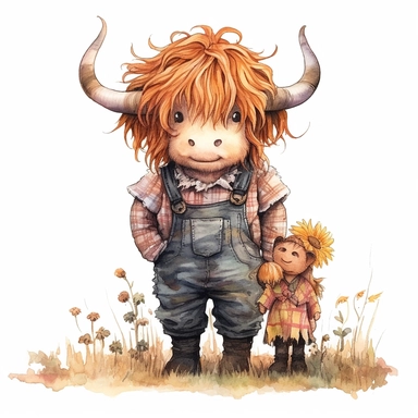 Watercolor realistic highland cow with scarecrow , style by Lucy Fleming, watercolor, smooth gradients, black contour outline, ultra detailed, clipart elements, delicate pastel colors, solid white background, super clear, high quality