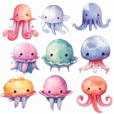 Kawaii Sea Animals, Whales, Sharks, Jelly Fish, Water color, clipart, 8k