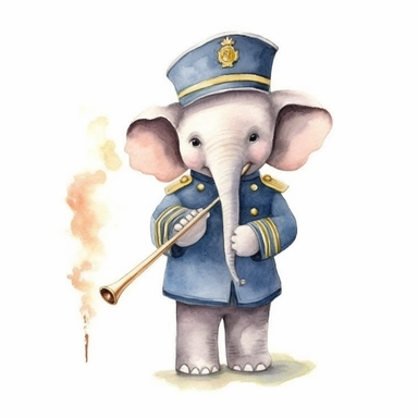 baby elephant as a marching band flute player, watercolor clipart, nursery style